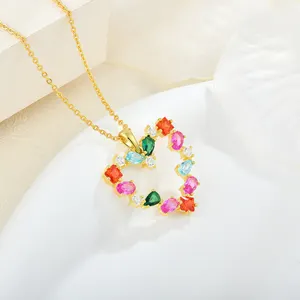 14K 18K Gold Plated Vermeil Jewelry Custom Pendant Necklace Colorful Zirconia OEM ODM 925 Silver Heart Charm For Women Jewelry