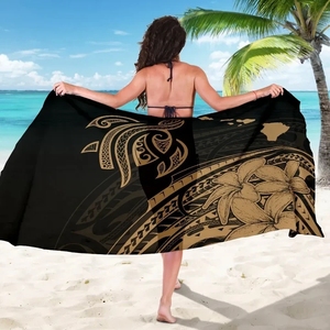 ハワイ地図プルメリアポリネシアゴールドタートルサロン生地女性カバーアップシフォンビーチビキニラップスカーフパレオ水着サロン - Product Image 1