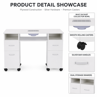 Table de manucure professionnelle au design contemporain en contreplaqué, poste de travail de salon avec bac de collecte de poussière, double tiroirs et roulettes