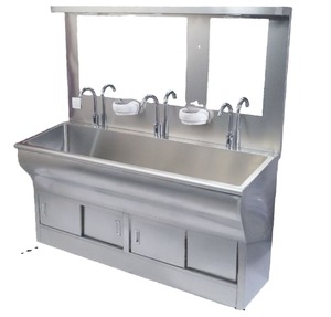 Évier simple en acier inoxydable avec armoire et robinets doubles pour cuisines commerciales, design industriel, surface brossée - Product Image 3