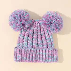 Großhandel Neugeborene Baby Beanie Mode Strick mütze Mit Doppel Kunst pelz Pompon Benutzer definierte Baby Winter Hüte
