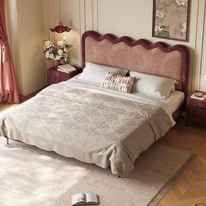 Letto matrimoniale imbottito in tessuto ciniglia francese, set di mobili per camera da letto di lusso in legno ecologico, comodo <span class=keywords><strong>comodino</strong></span> ondulato e grazioso - Product Image 5