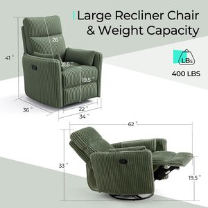 360 स्विवेल समायोज्य रेक्लियर चेयर आधुनिक कॉर्डरॉय ग्लाइडर के साथ 2 उच्च बैक वयस्क अवकाश ठोस लकड़ी के तकिए के साथ लिविंग रूम के लिए - Product Image 2