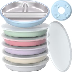 Assiettes à ventouse pour bébé en acier inoxydable avec couvercle en silicone amovible, bol en métal divisé pour enfants - Product Image 1