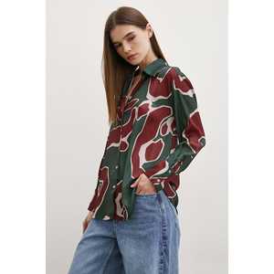 Camisa de Satén con Estampado de Mango para Mujer, Blusa Casual con Botones, Uso Diario, Patrón Verde y Rojo, Manga Larga - Product Image 1