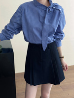 Nouvelle Blouse Femme Coréenne 2026 en Coton Bleu à Carreaux Tie-Dye à Manches Longues Coupe Droite Printemps – Haut Élégant et Tendance