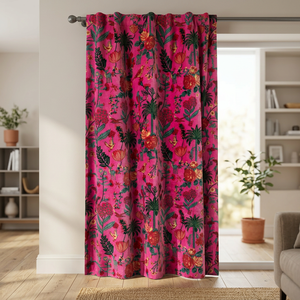 Cortina de Terciopelo Rosa Intenso con Diseño de Aves y Flores, Cortinas Botánicas Vintage, Estilo de Terciopelo de Algodón de Lujo - Product Image 1