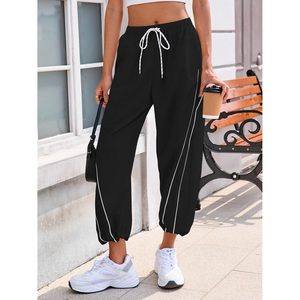 Pantalon large pour femme, taille élastique avec cordon de serrage, coupe courte avec poches, pantalon décontracté pour l'entraînement et la randonnée, tissu tricoté respirant - Product Image 3