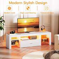 Meuble TV LED avec prise de courant, support en bois, grand tiroir, design moderne, convient aux téléviseurs de 60 à 64 pouces, pour salon, chambre à coucher, blanc
