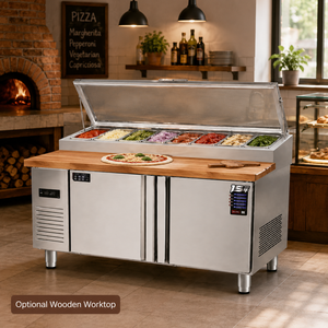 Station de préparation de pizzas réfrigérée en acier inoxydable, bar à salades et sandwichs, plan de travail avec réfrigérateur <span class=keywords><strong>sous</strong></span> comptoir, bacs personnalisés - Product Image 6