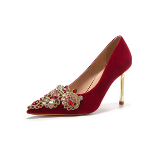 <b>Red</b> Velvet Pointed Toe Stiletto <b>Heels</b> With Rhinestone Decoration Elegant Wedding Dress Shoes For Bride And Bridesmaid - Product Image 5