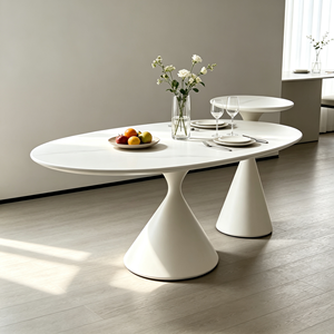 Ensemble de tables basses gigognes modernes blanc crème avec base sablier et plateau en pierre frittée pour salon, maison et hôtel - Product Image 1