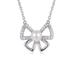 S925 Silver Freshwater Pearl Oversized Hollow <b>Bow</b> Knot Half Pave CZ Pendant Necklace Sweet <b>Gift</b> Girls Women - Product Image 1