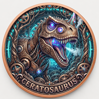 Pièce de monnaie en cuivre pur 999 de 1 oz, représentant un Cératosaure de la fin de la période jurassique, en relief 3D, colorée aux UV, effet proof-like, artisanat métallique artistique de l'ère des dinosaures