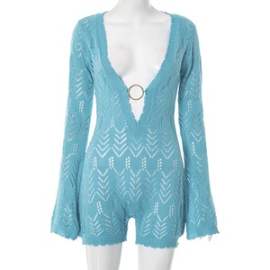 Mamelucos Viviblook D25RP265 para mujer, mamelucos tejidos con escote en V profundo acampanado de manga larga ajustados de una pieza para mujer Bodycon - Product Image 3