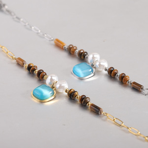 Pulsera de Moda con Cuentas de 12 mm, Cuadradas, de Turquesa, Ojo de Tigre y Perla, Cadena Dorada, Regalo para Mujer - Product Image 3