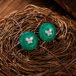 Green Chalcedony Stud Earrings With Zircon Butterfly Design S925 Silver Needle 14k Gold Ear <b>Post</b> <b>Round</b> Geometric Shape - Product Image 1