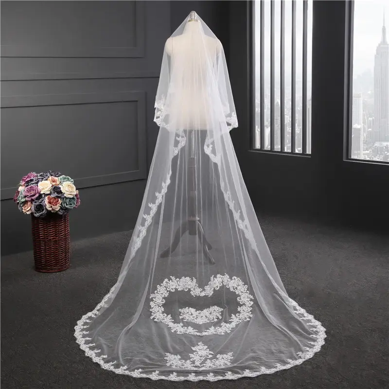 GENYA – voile de mariée en dentelle de 3 mètres de Long avec peigne à cheveux veineux, voile de fête de mariage