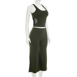 FS18726D Women Mesh <strong>Patchwork</strong> <strong>Tops</strong> and Wide Leg Pants Casual 2026 Two Pieces Sets - Product Image 4