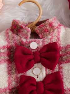 Cute Baby Girl Korean Winter Warm Long Printed Check Padded Coat Wine Red Bow Decorative Button Design with Beret for <strong>Toddler</strong> - Product Image 4