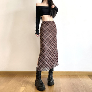 Femmes printemps automne Plaid imprimé Sexy Slim crayon jupes Style Preppy filles fente minijupe cheville longueur Wrap hanches plaine teint - Product Image 4