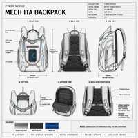 Sac à dos Ita Bag personnalisé Cyber Mech Armor gris cyan en cuir PU et PVC avec fenêtre de présentation, bretelles rembourrées, fabrication d'échantillons OEM ODM
