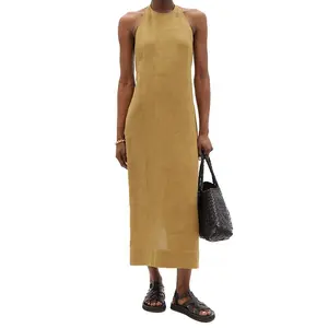 Summer High Quality Women Clothing Halter Linen Dress Tie Waist Slit Linen Midi Dress with Belt