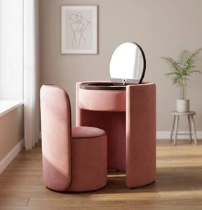 Ensemble coiffeuse moderne en bouclette crème avec miroir rabattable, tabouret et armoire pour chambre à coucher - Product Image 1