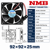 Ventilateur de refroidissement axial à roulement à billes à haut débit d'air NMB DC 24V 0.16A 9225 3 fils 3610KL-05W-B49 pour ordinateur industriel et rack de télécommunications