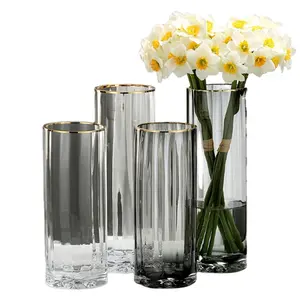 Atacado Modern Nordic cristal Cinza transparente Cilindro claro flor alta grande cor moderno vidro cristal vasos Para Qua