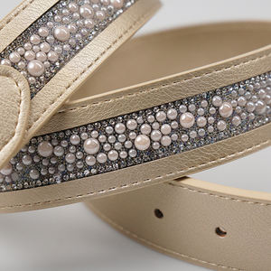 Özel logo inci elmas Pin toka ile Faux deri kemerler bayanlar için sıska çivili Rhinestone PU deri bel kemerleri kot - Product Image 5