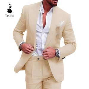 Traje de Dos Piezas YZ de Lino de un Solo Color con un Botón para Hombre, <span class=keywords><strong>Camisa</strong></span> de Manga Larga <span class=keywords><strong>y</strong></span> Pantalones Formales, Talla Grande - Product Image 2