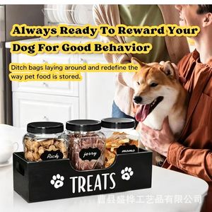 Pet Treats Storage Box With 3 Jars For Dog Snacks Organized Wooden <b>Container</b> With Labels And Lid For Kitchen Or Home Use - Product Image 4