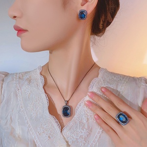 High Quality Eco-friendly Copper 13*18MM Blue Cubic Zirconia Black Gold Plated <b>Necklaces</b> Earrings Set <b>Statement</b> Jewelry Sets - Product Image 6