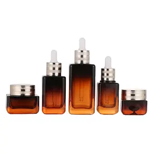 Gradient Amber Color Square Serum Bottle Recyclable Luxury Cosmetic Packaging Glass Dropper Bottle Fashion Design Customization