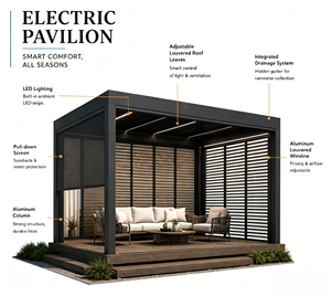 Pergola motorisée en aluminium bioclimatique <span class=keywords><strong>avec</strong></span> éclairage <span class=keywords><strong>LED</strong></span>, toit à lames orientables, portes coulissantes, pergola de patio - Product Image 5