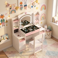 Table de maquillage contemporaine en bois pour enfants avec tableau noir, armoire de rangement pour bijoux, tabouret et chaise, ensemble pour petites filles, blanc