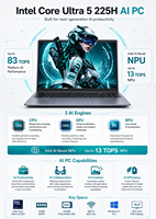 Ordinateur portable professionnel AI OEM ODM 15,6 pouces Intel Core Ultra 5 225H, 24 Go LPDDR5, 512 Go PCIe NVMe SSD, Windows 11 Pro, clavier personnalisé