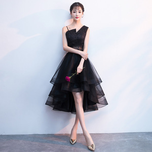 Women's Black Asymmetrical Evening Gown <b>A</b>-<b>Line</b> Short Chic Spring <b>Dress</b> Natural Waist Slimming Elegant Socialite Style - Product Image 1