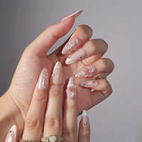 Offre Spéciale – Ongles à presser en acrylique, forme amande, couleur nude-rose délicat, avec motif branche dorée française et fleur de pêcher 3D en strass – Vente en gros