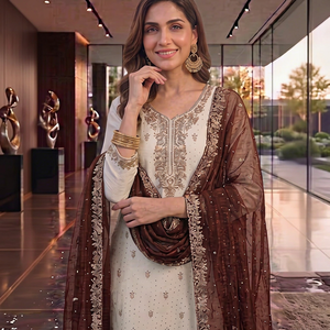 Conjunto de Salwar Kameez para Mujer, Estilo Qunoot, Poliéster, Sin Arrugas, Bordado, con Dupatta, para Bodas y Fiestas, Estilo Indio - Product Image 1