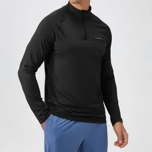 Men's 2024 Solid Colors Long Sleeve Stand Neck Half Zipper Gym T-shirt Quick Dry Front Pocket Reflective Stripe Running Shirts