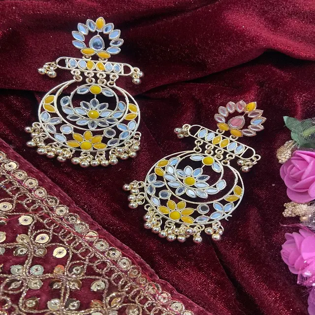 Stunning stud chandbali earring in silver plating worked with artificial mirror and beads in different colours for women and gi