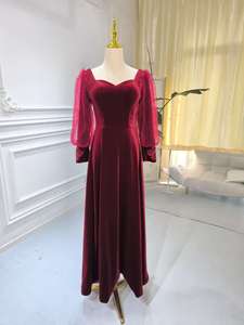 S1591N New High-Quality Hot-Selling Burgundy Velvet Long-Sleeved Wedding Banquet Long Bridal Mermaid Women Evening Dress - Product Image 2