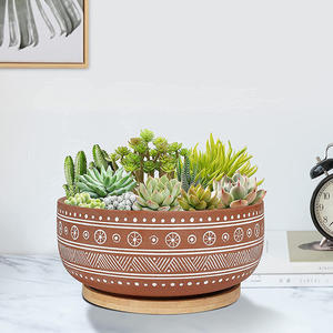 Pot de plante succulente en terre cuite avec plateau en bambou, pot rond peu profond pour bonsaï - Product Image 5