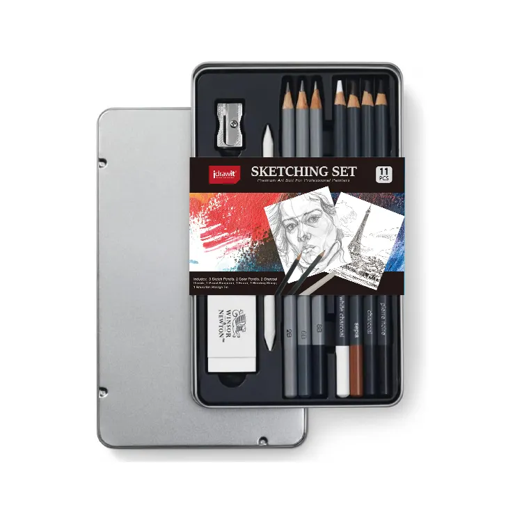 2024 best sale OEM professional sale tin box 12pcs sketch art suppliers charcoal sketch kit set pen pencil set