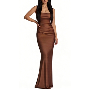 Vestido Maxi Fruncido con Cuello Cuadrado para Mujer - Vestido Formal Ajustado con Tirantes Metálicos a la Moda - Product Image 1