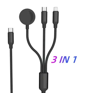1.2米尼龙编织usb充电器电缆多个usb c 100w电缆3合1发光二极管充电电缆，适用于iPhone手机智能手表