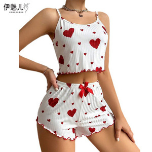 Conjunto de Ropa para el Hogar para Mujer, Venta Caliente Transfronteriza 2024, con Camisola y Pantalones Cortos con Estampado de Corazón, Casual y Puede Usarse en el Exterior - Product Image 2