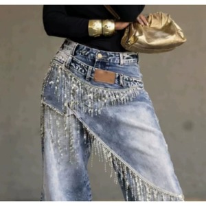 Nouveau Jean Baggy en Denim de Coton Désstructuré à Franges de Strass 2026 pour Femme, Pantalon Jogger <span class=keywords><strong>Asymétrique</strong></span> Taille Haute - Product Image 3